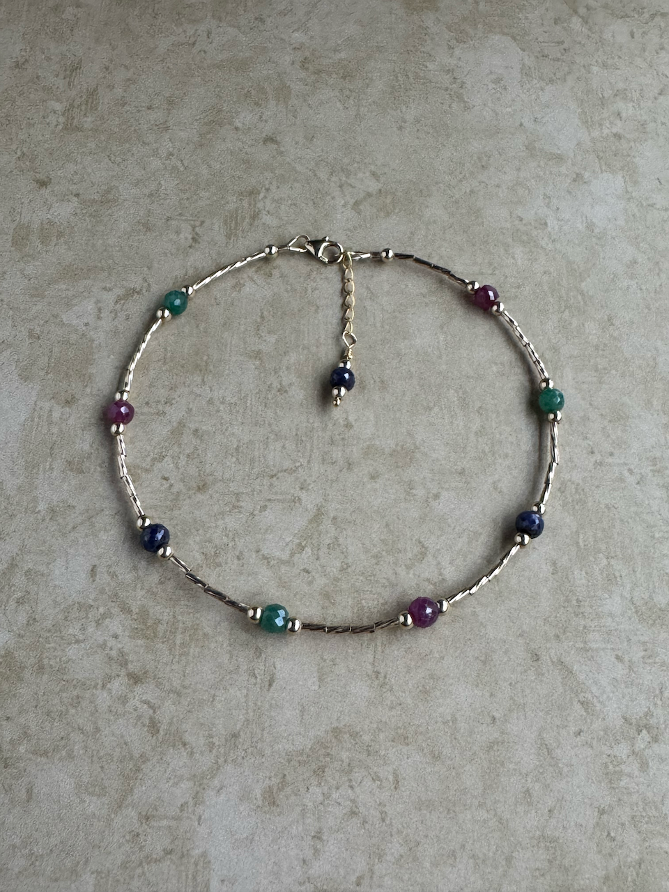 Gold-Filled Emerald, Ruby and Sapphire Beaded Anklet