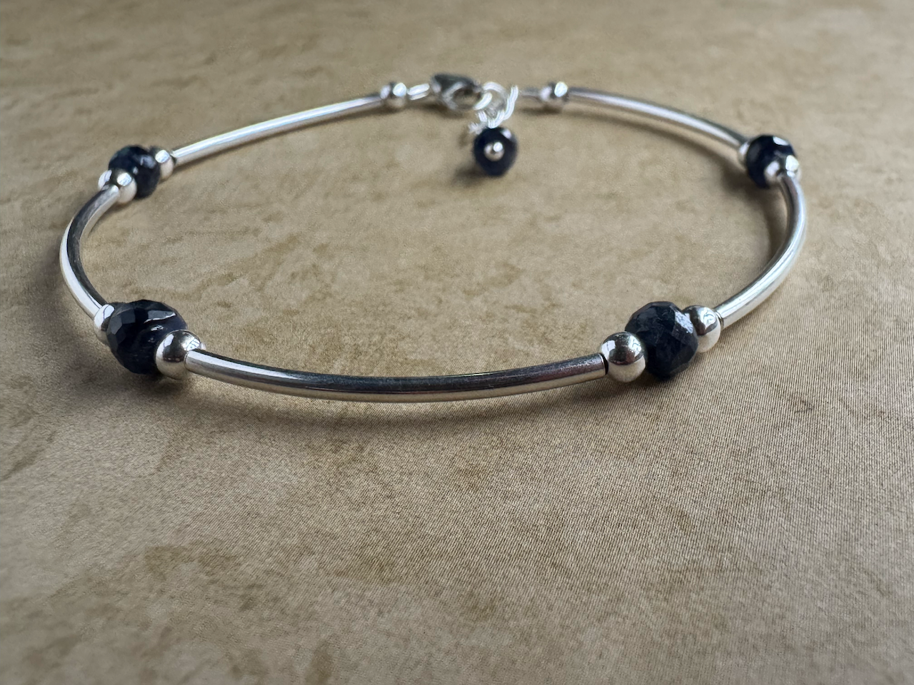 Sterling Silver Beaded Blue Sapphire Tube Bracelet
