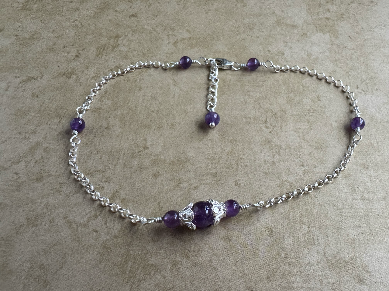 Sterling Silver Amethyst Fancy Chain Anklet