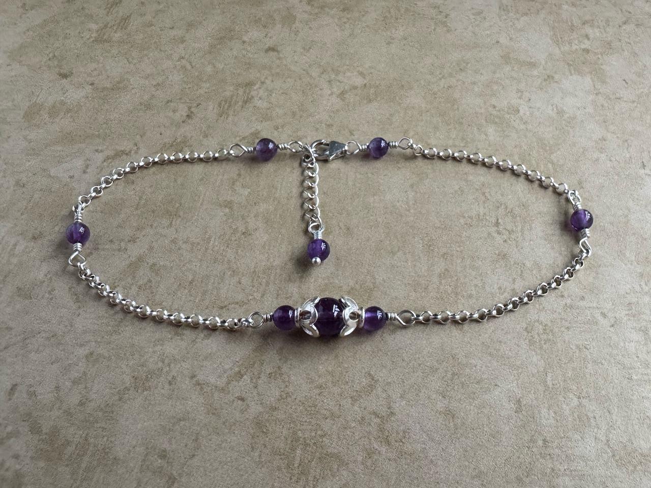 Sterling Silver Amethyst Dark Round Chain Anklet