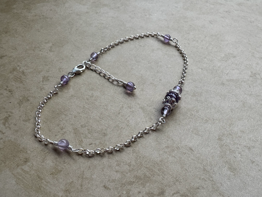 Sterling Silver Two Tone Amethyst Fancy Chain Anklet