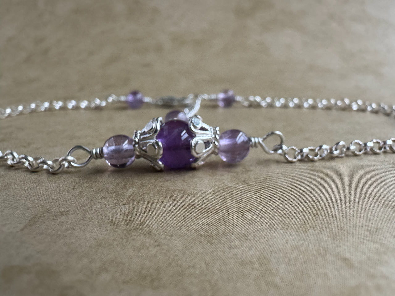 Sterling Silver Two Tone Amethyst Fancy Chain Anklet