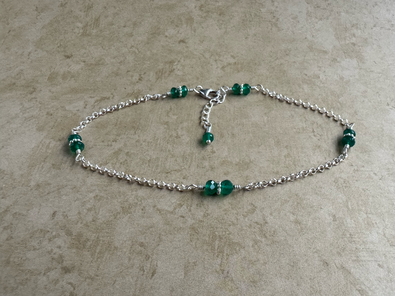 Sterling Silver Green Onyx Rondelle Chain Anklet