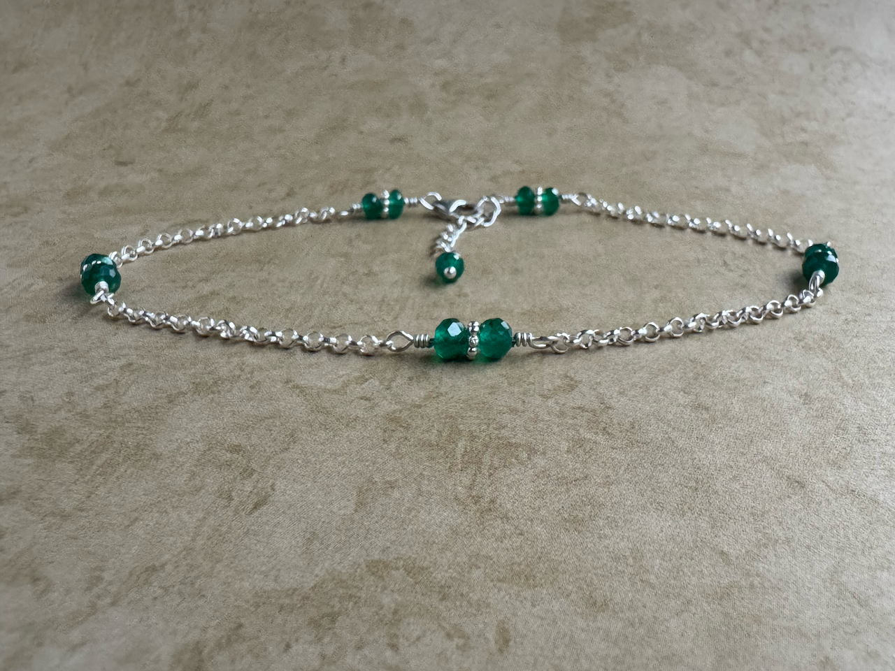 Sterling Silver Green Onyx Rondelle Chain Anklet