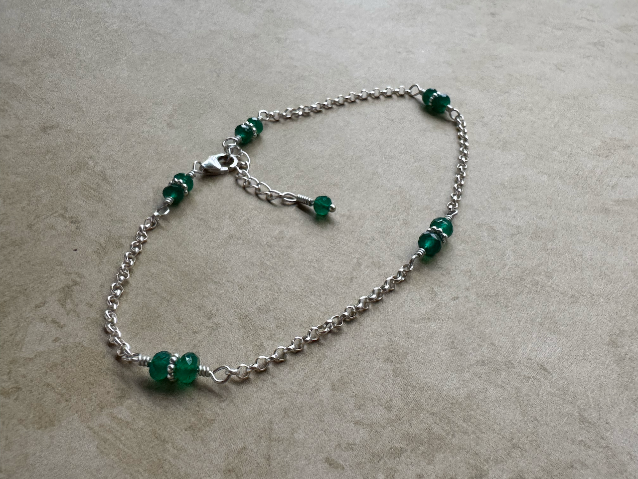 Sterling Silver Green Onyx Rondelle Chain Anklet