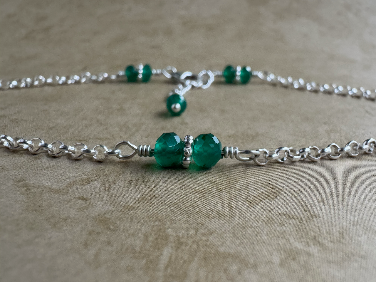 Sterling Silver Green Onyx Rondelle Chain Anklet