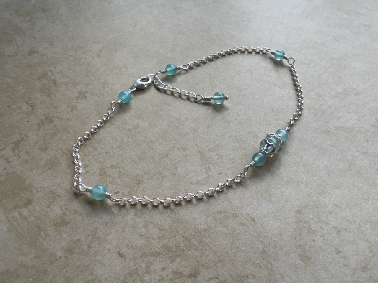 Sterling Silver Aqua Chalcedony Round Chain Anklet