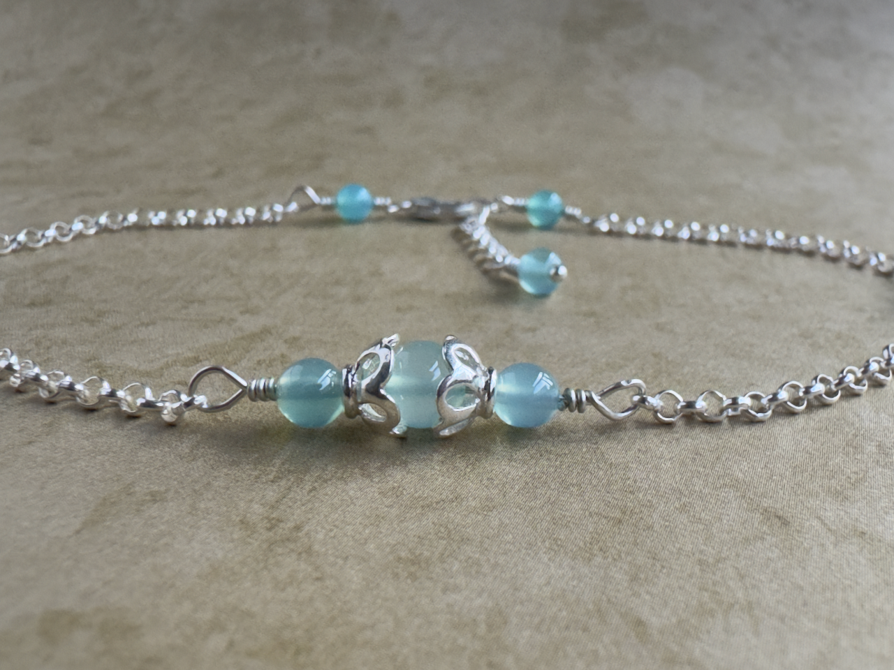 Sterling Silver Aqua Chalcedony Round Chain Anklet