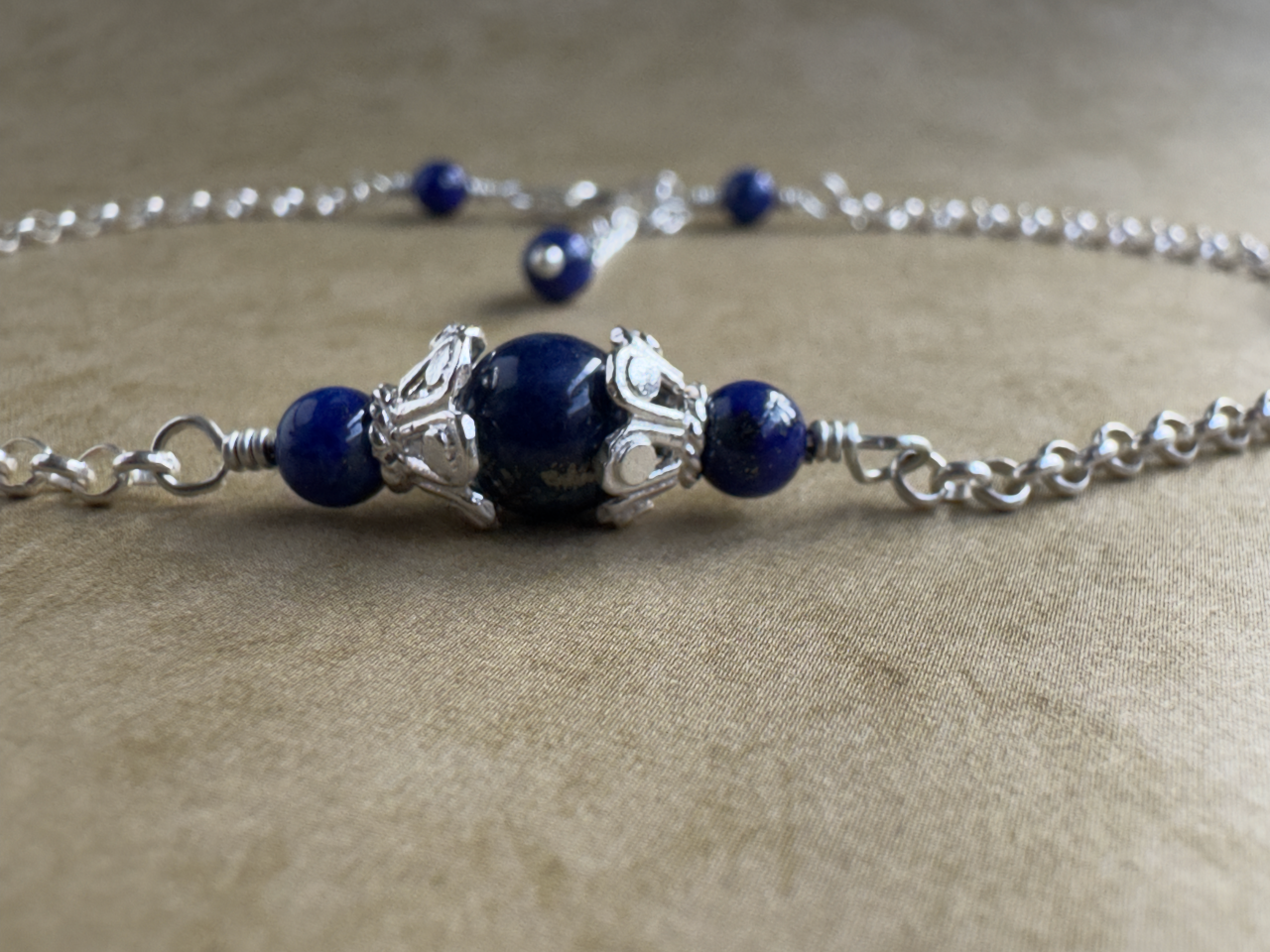 Sterling Silver Lapis Fancy Chain Anklet