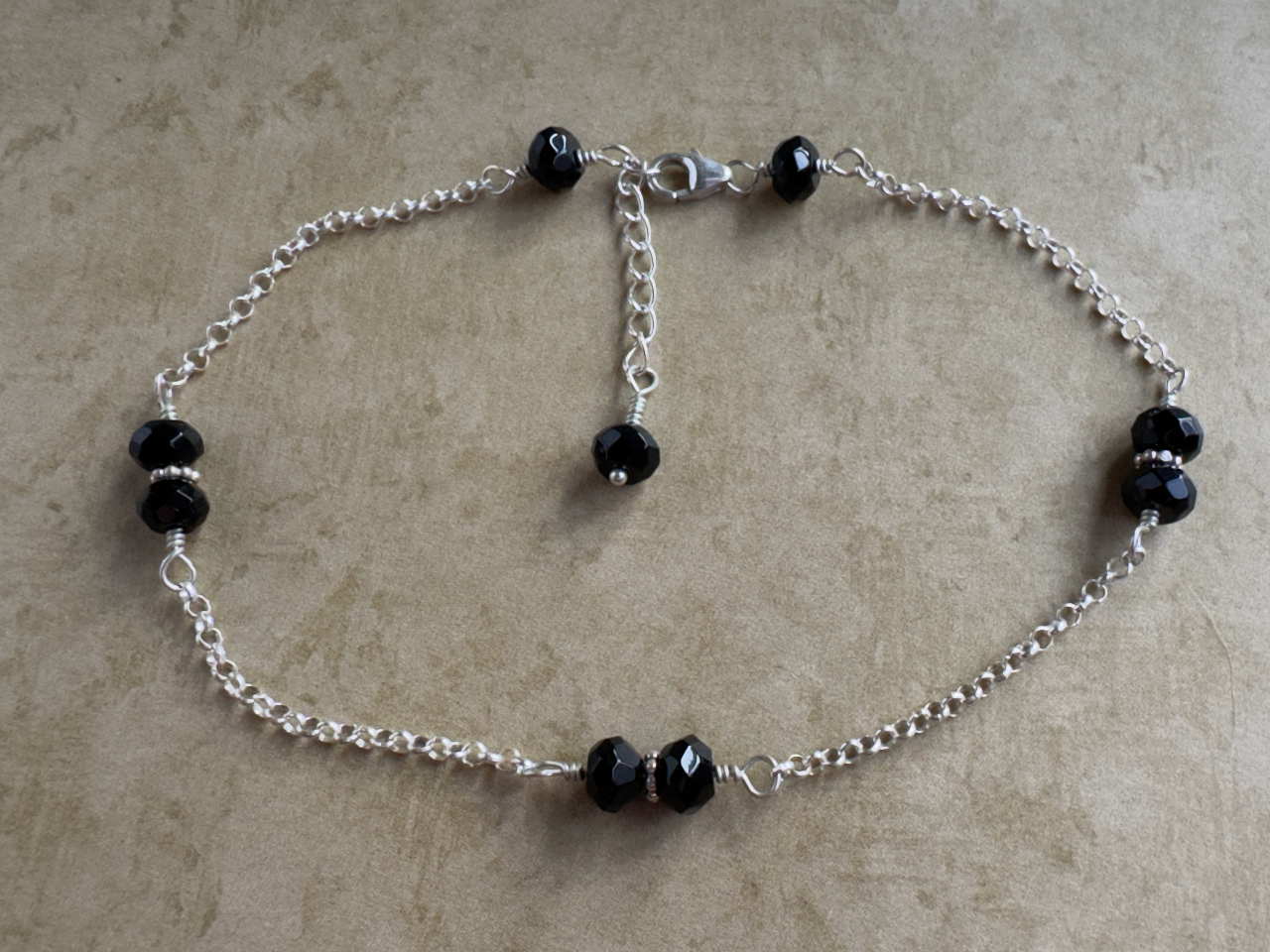 Sterling Silver Black Onyx Rondelle Chain Anklet