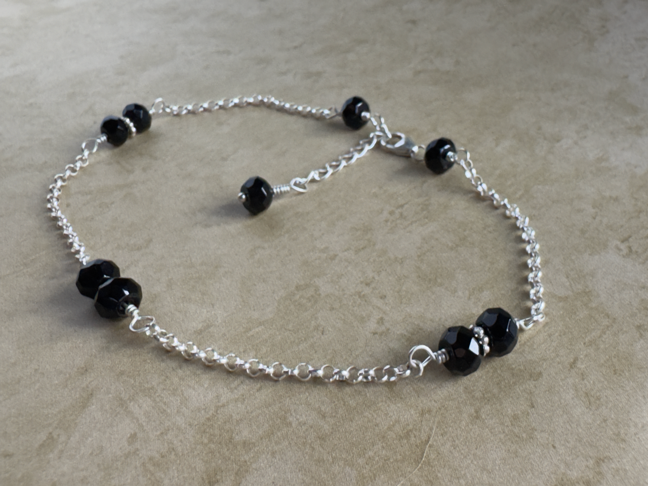 Sterling Silver Black Onyx Rondelle Chain Anklet