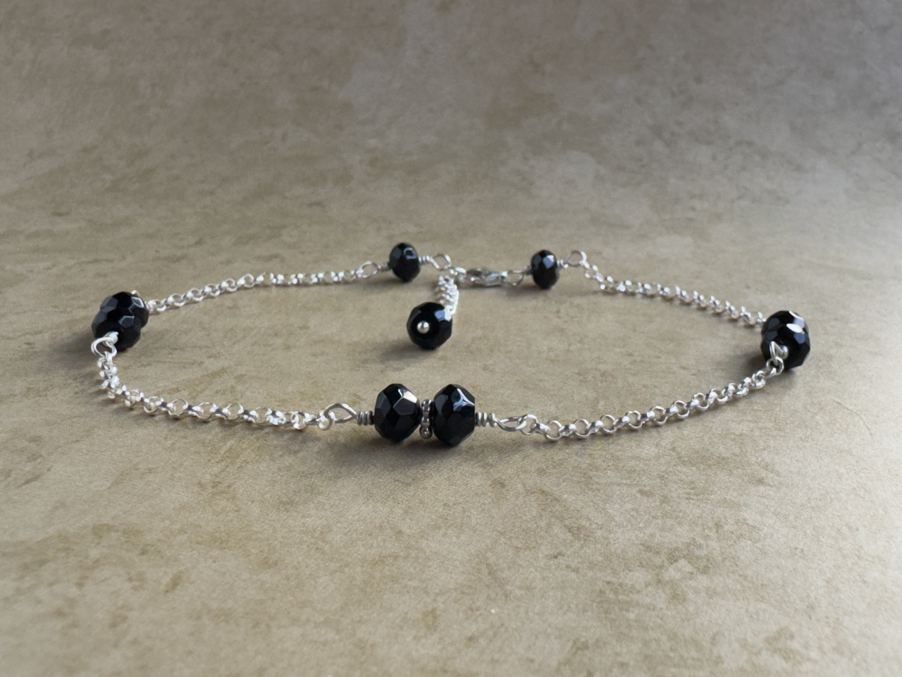 Sterling Silver Black Onyx Rondelle Chain Anklet