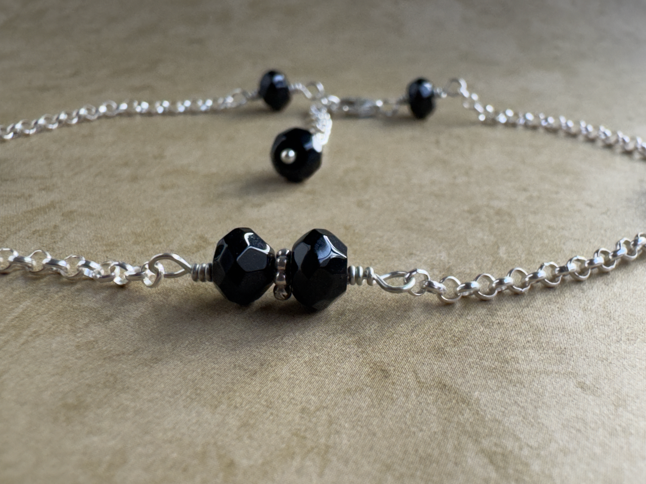 Sterling Silver Black Onyx Rondelle Chain Anklet