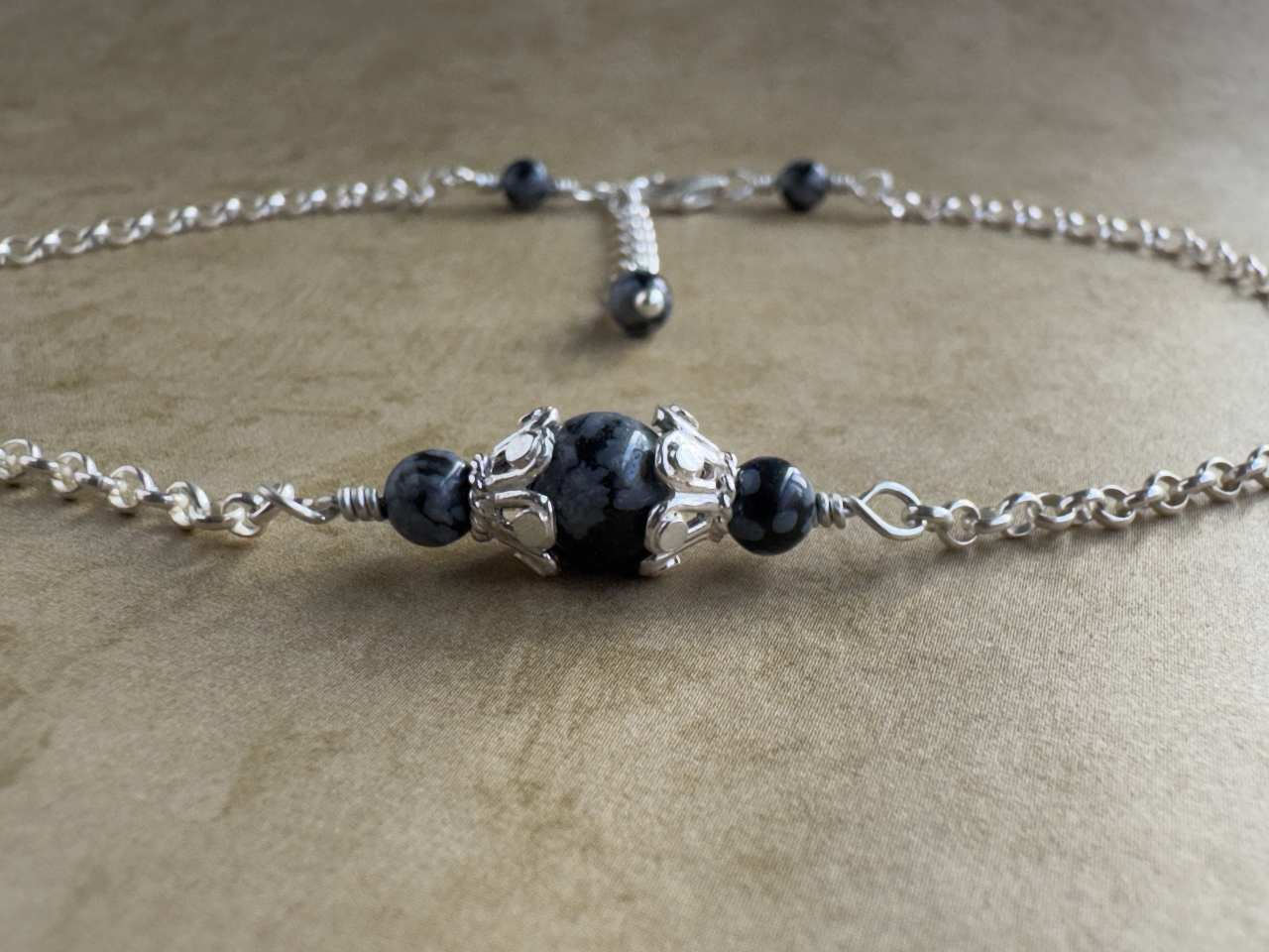 Sterling Silver Snowflake Obsidian Fancy Chain Anklet