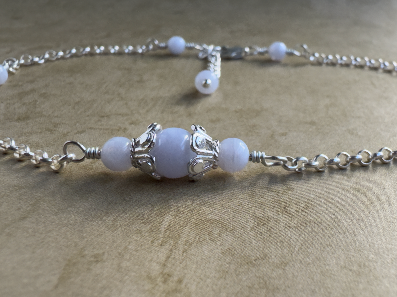 Sterling Silver Blue Lace Agate Fancy Chain Anklet