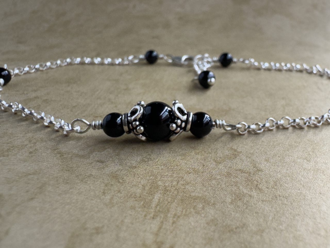 Sterling Silver Black Onyx Flower Chain Anklet
