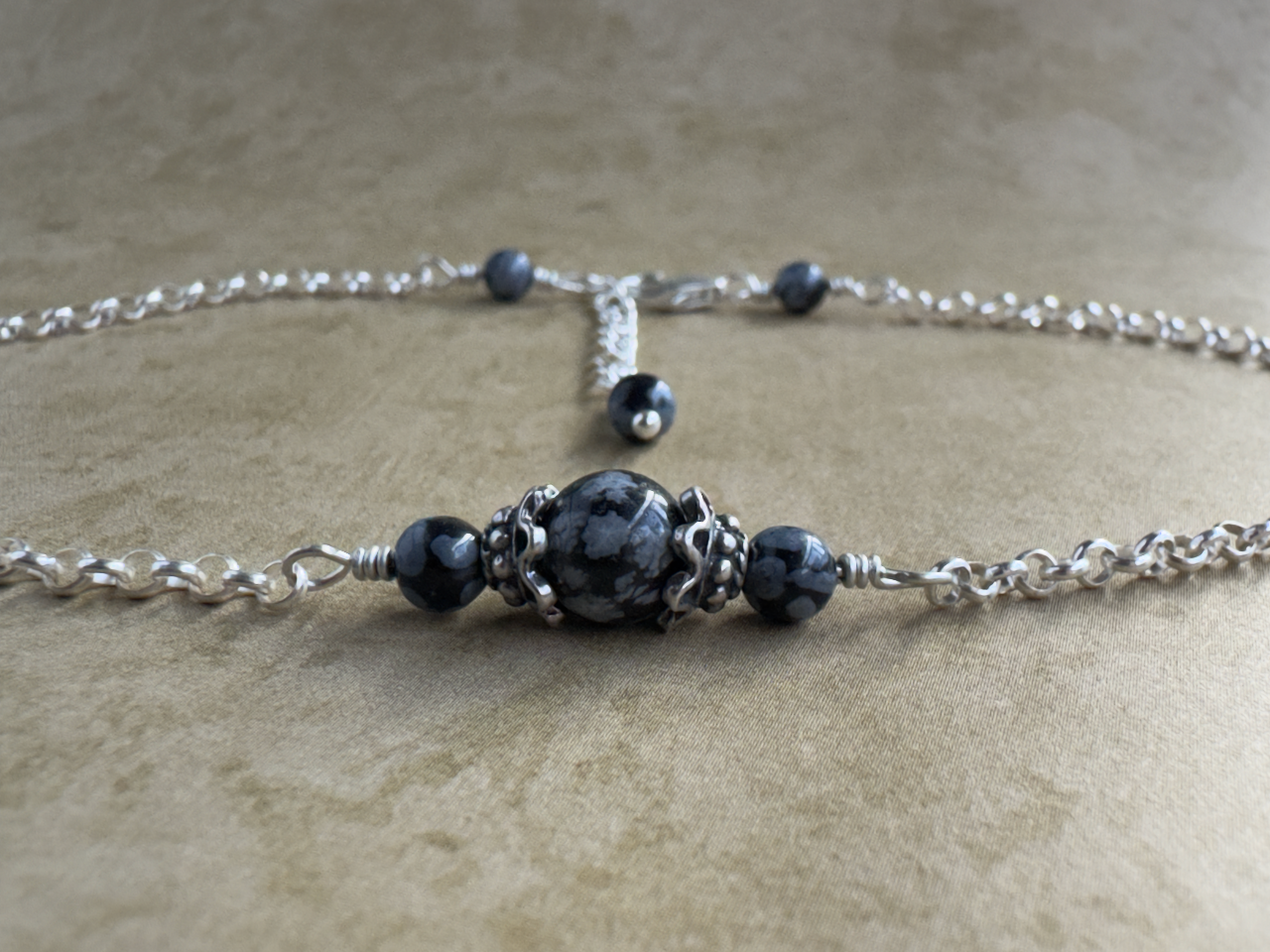 Sterling Silver Snowflake Obsidian Scribble Chain Anklet
