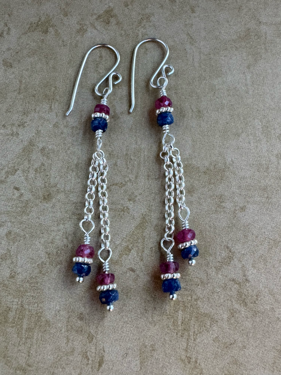 Sterling Silver Blue and Pink Sapphire Double Chain Dangles