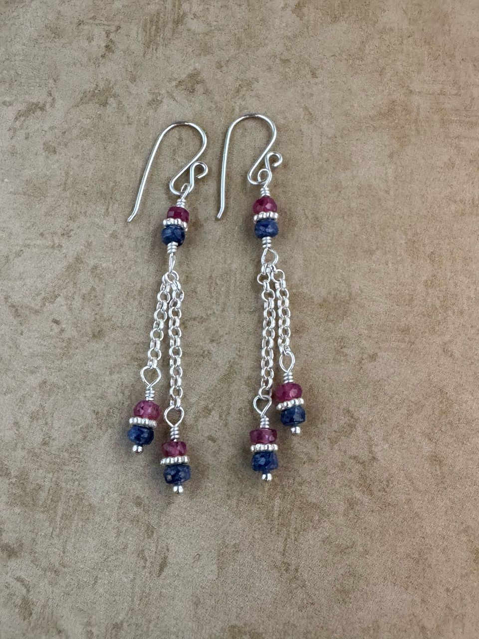 Sterling Silver Blue and Pink Sapphire Double Chain Dangles