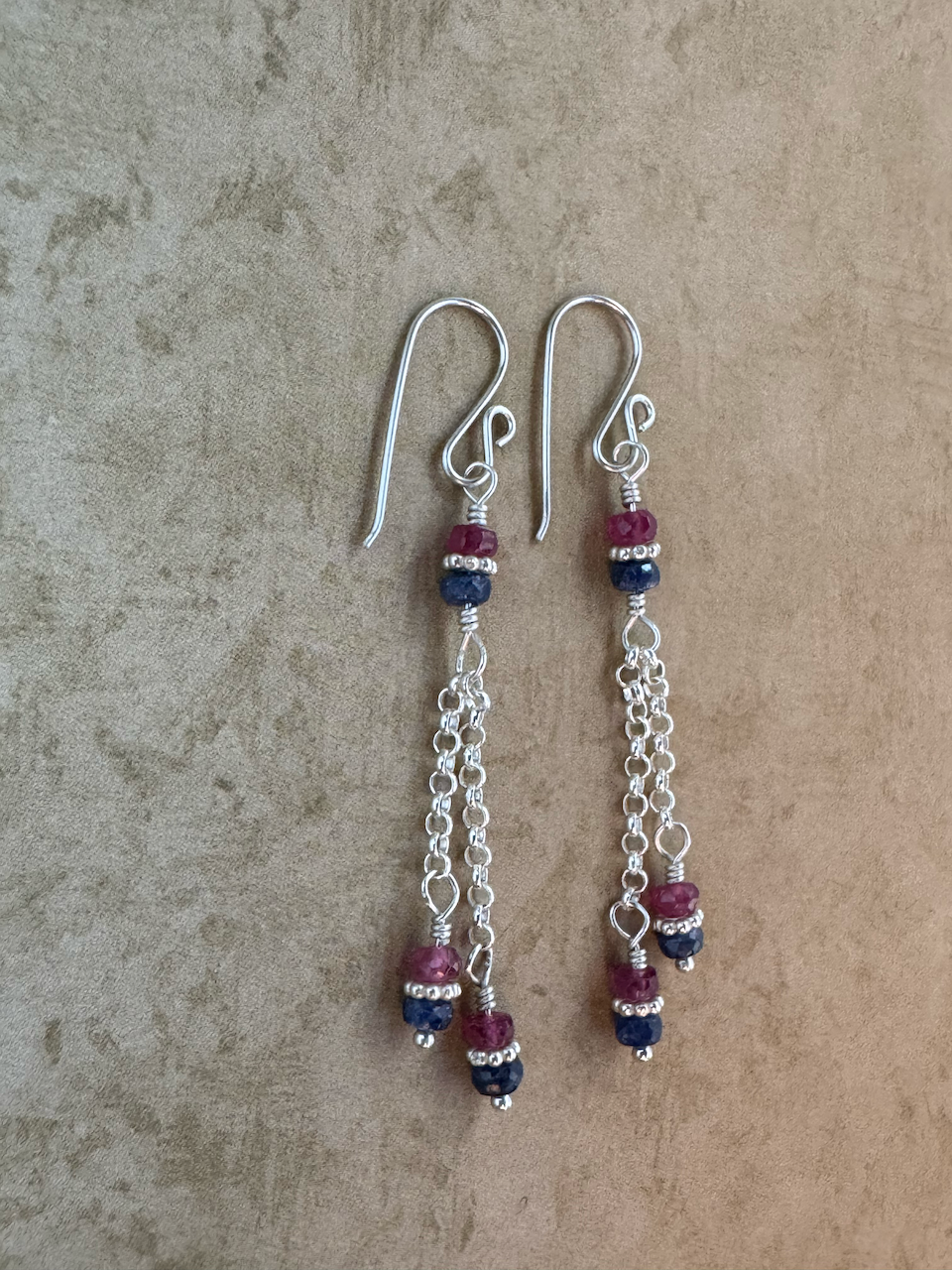 Sterling Silver Blue and Pink Sapphire Double Chain Dangles