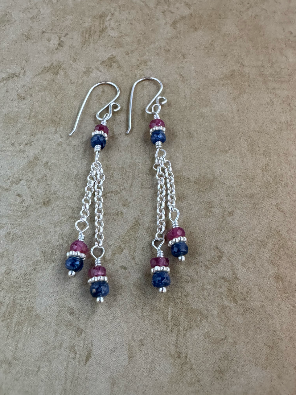 Sterling Silver Blue and Pink Sapphire Double Chain Dangles