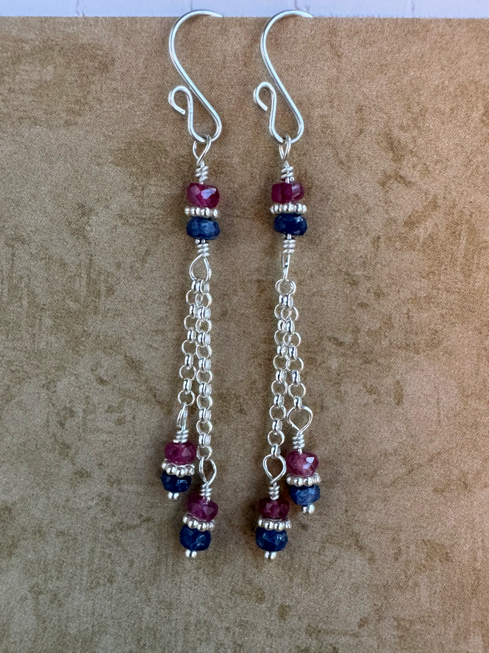 Sterling Silver Blue and Pink Sapphire Double Chain Dangles