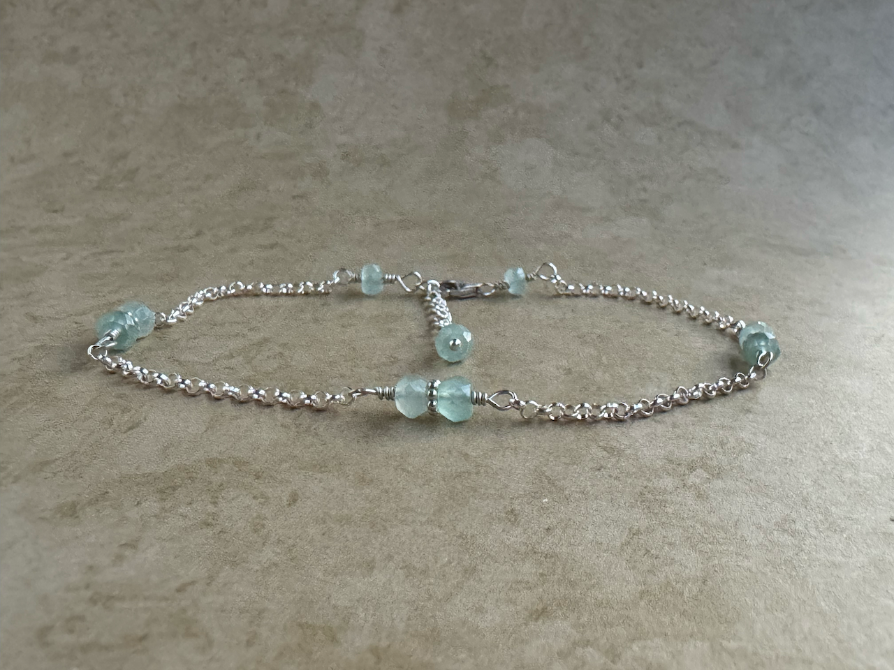 Sterling Silver Aqua Chalcedony Rondelle Chain Anklet