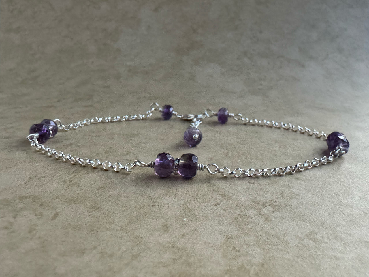 Sterling Silver Amethyst Rondelle Chain Anklet