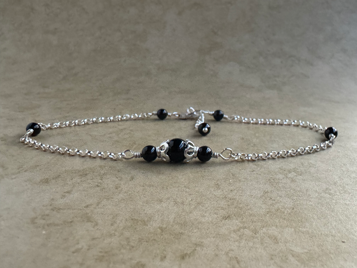 Sterling Silver Black Onyx Round Chain Anklet
