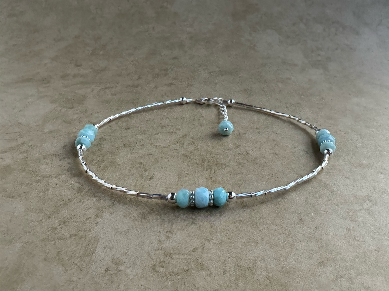 Sterling Silver 3 Stone Larimar Beaded Anklet