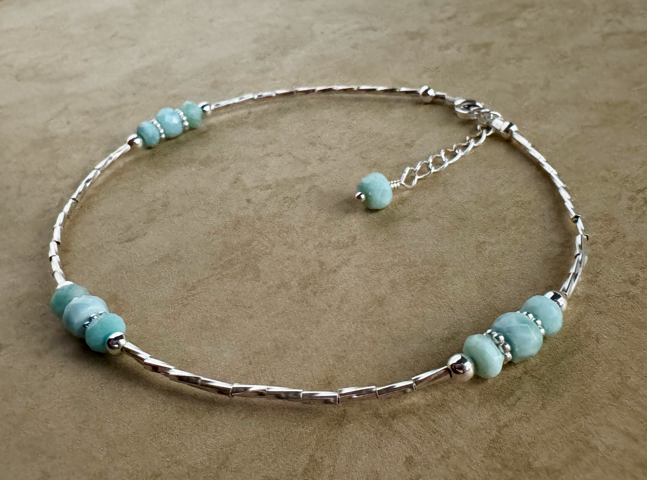 Sterling Silver 3 Stone Larimar Beaded Anklet