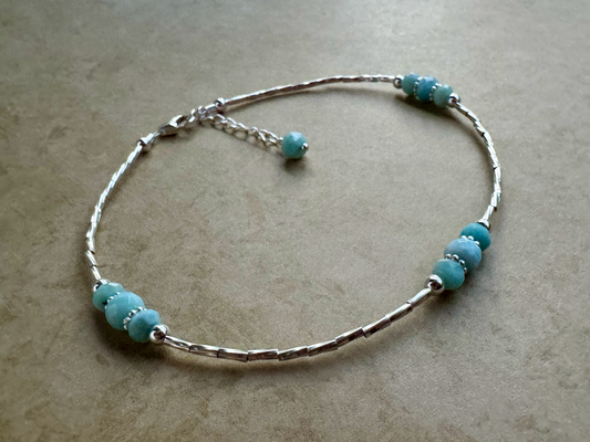 Sterling Silver 3 Stone Larimar Beaded Anklet