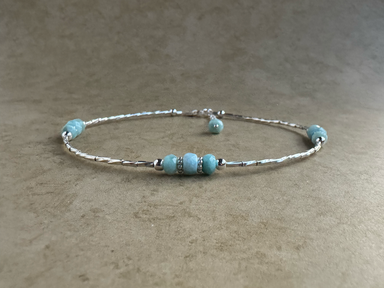 Sterling Silver 3 Stone Larimar Beaded Anklet
