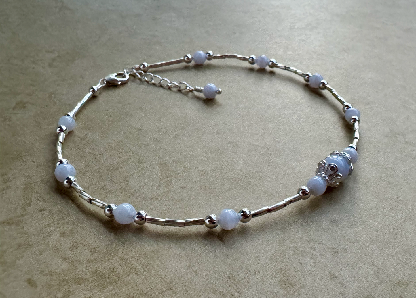 Sterling Silver Blue Lace Agate Beaded Anklet