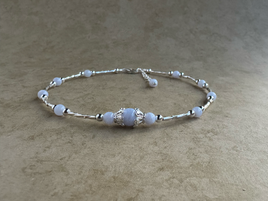 Sterling Silver Blue Lace Agate Beaded Anklet