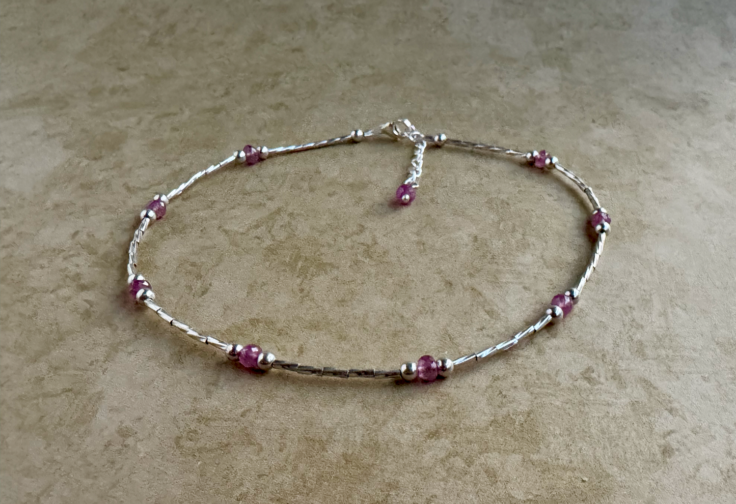 Sterling Silver Pink Sapphire Beaded Anklet