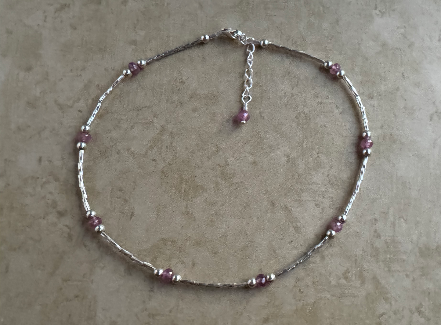 Sterling Silver Pink Sapphire Beaded Anklet