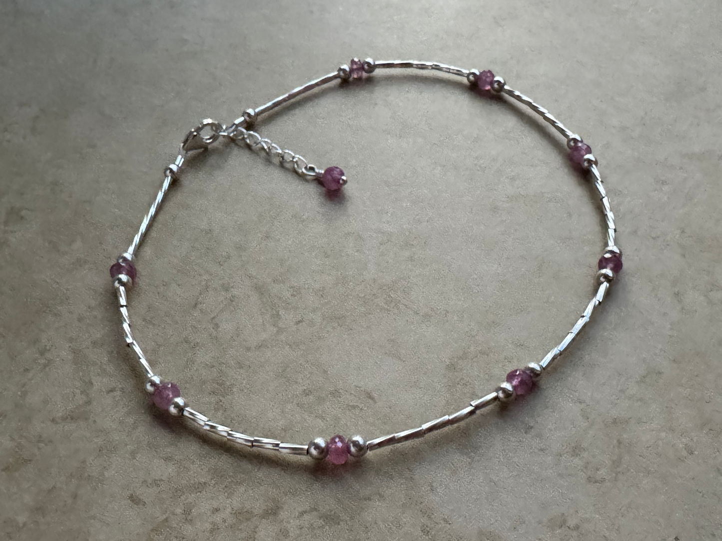 Sterling Silver Pink Sapphire Beaded Anklet
