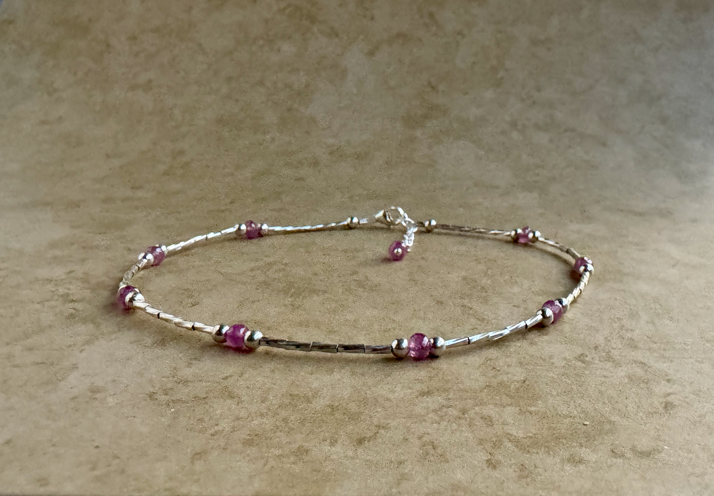 Sterling Silver Pink Sapphire Beaded Anklet