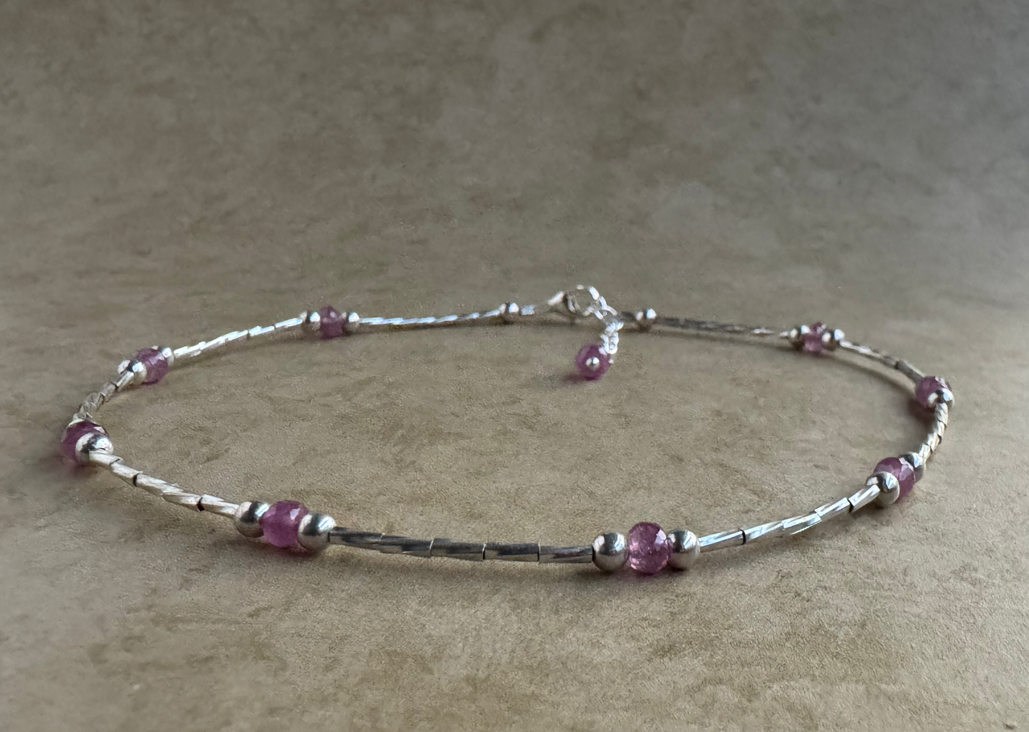 Sterling Silver Pink Sapphire Beaded Anklet