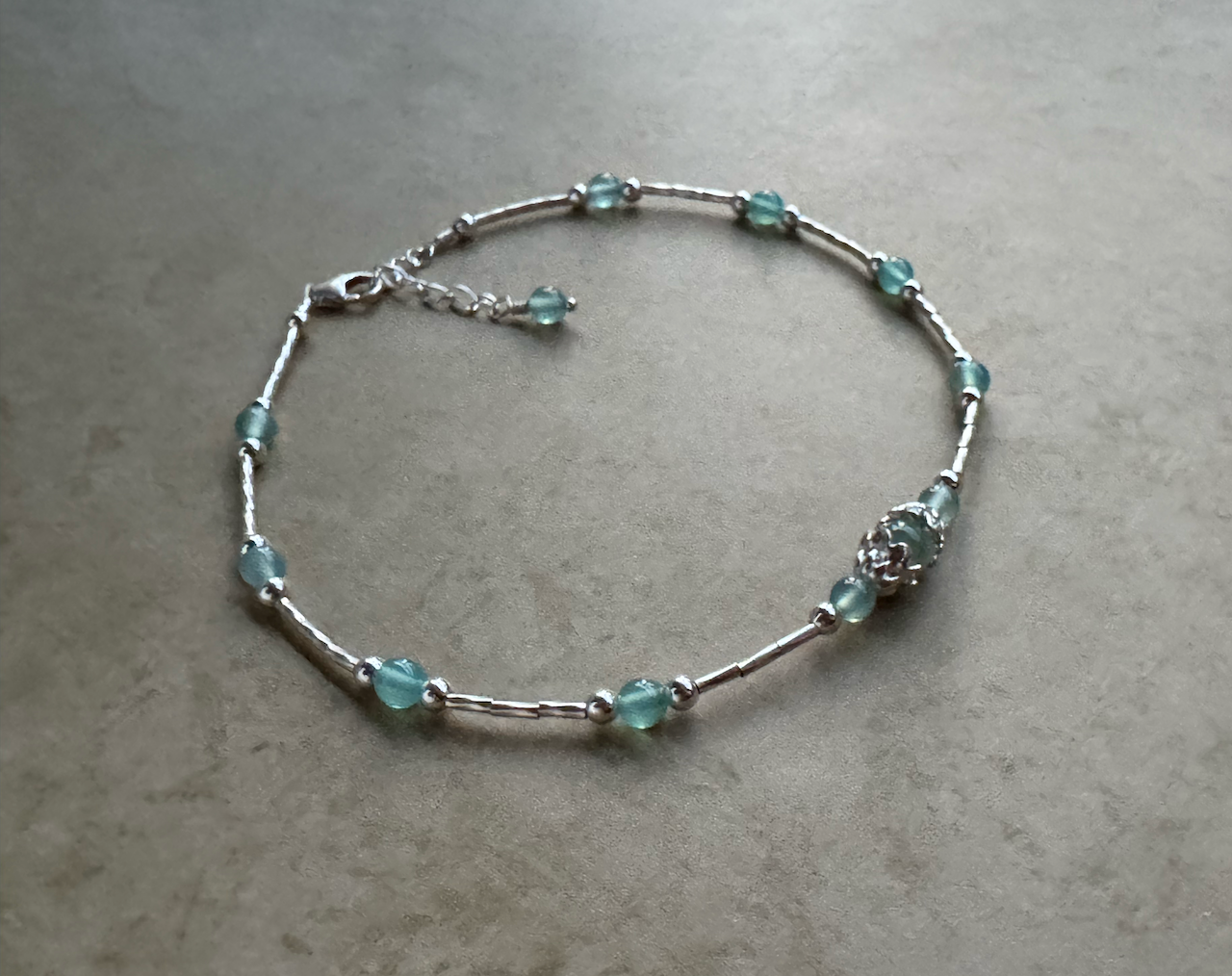 Sterling Silver Aqua Chalcedony Beaded Anklet
