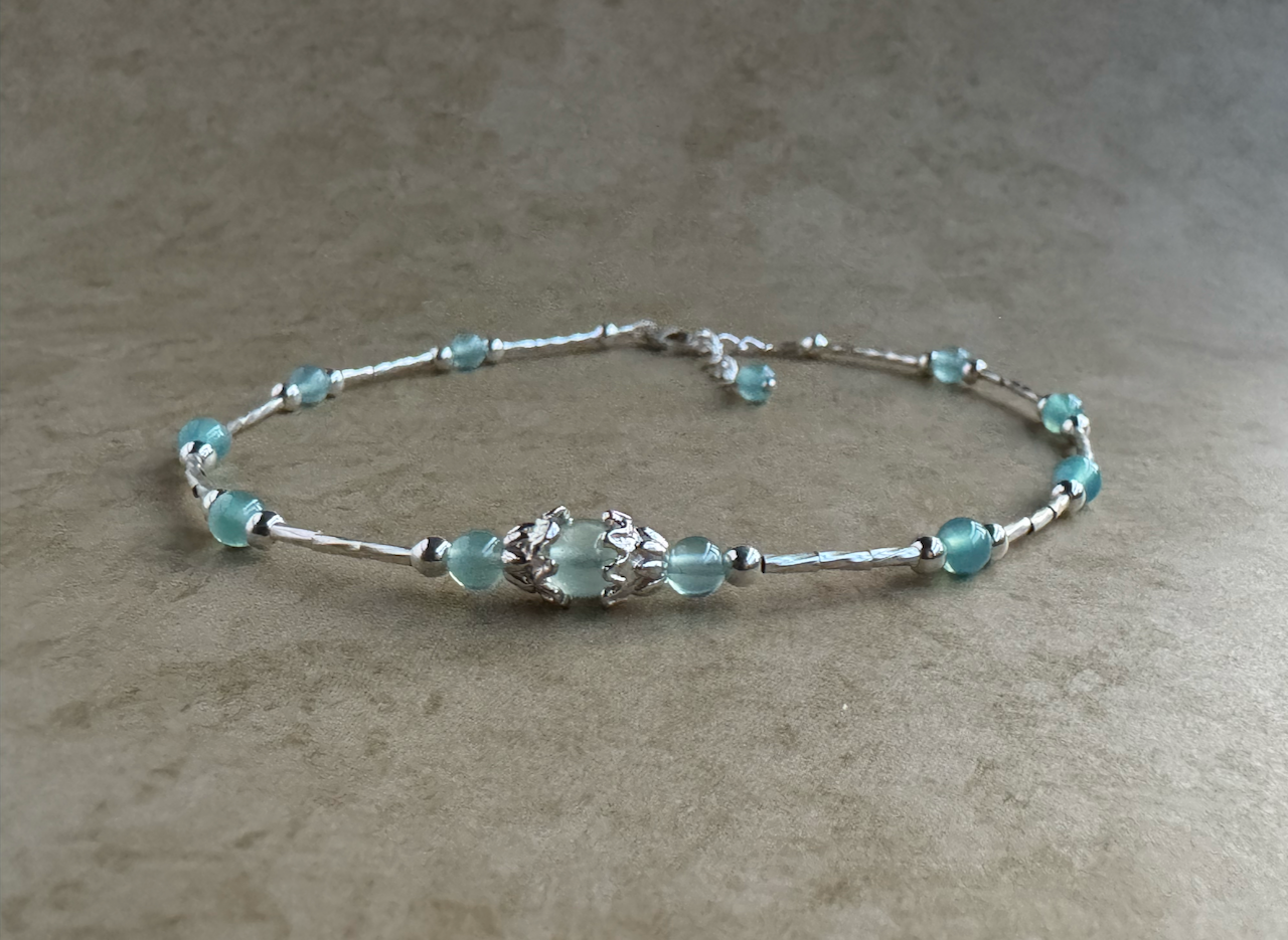 Sterling Silver Aqua Chalcedony Beaded Anklet