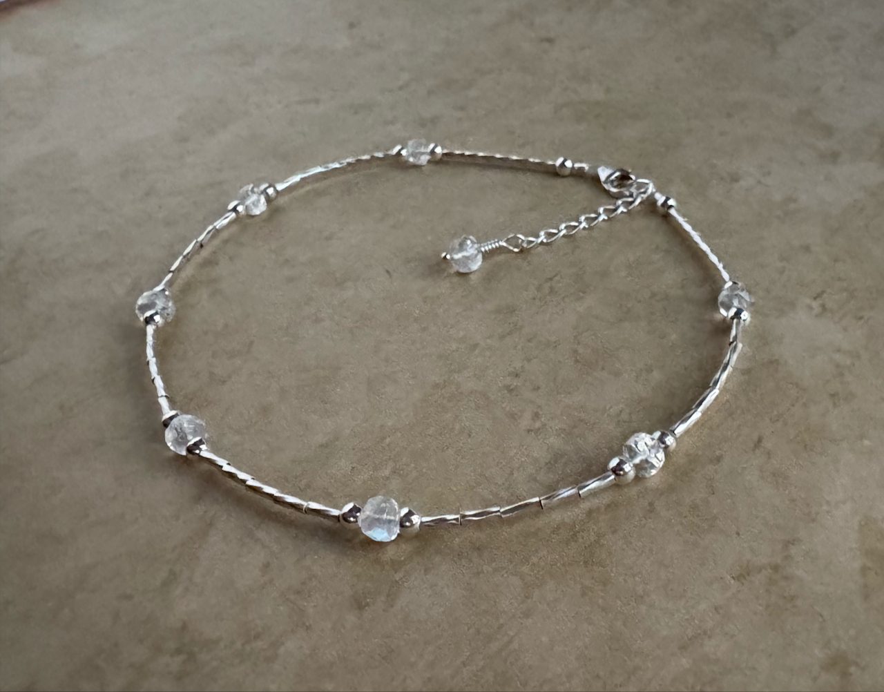 Sterling Silver Rainbow Moonstone Beaded Anklet