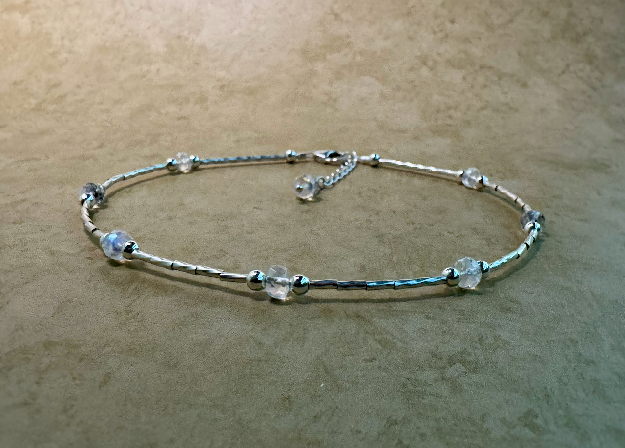 Sterling Silver Rainbow Moonstone Beaded Anklet