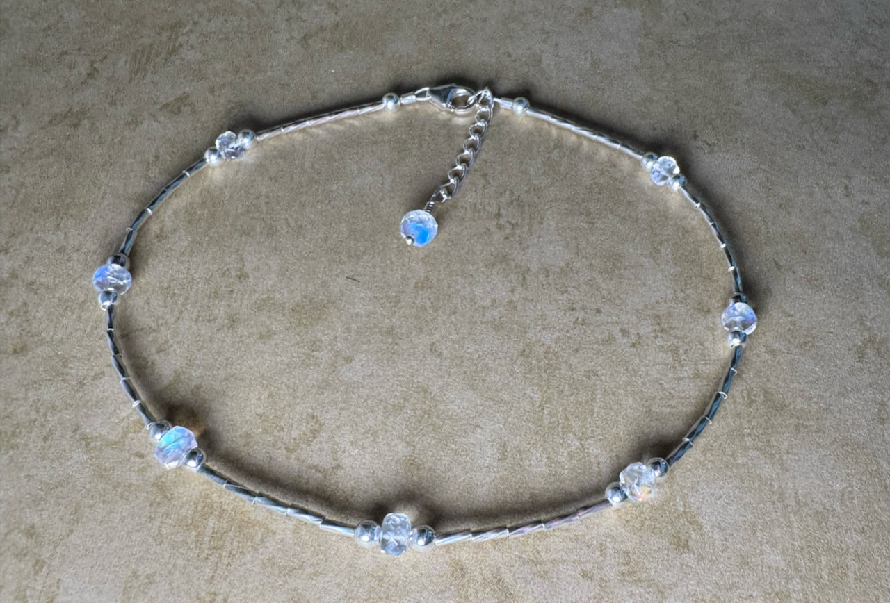 Sterling Silver Rainbow Moonstone Beaded Anklet