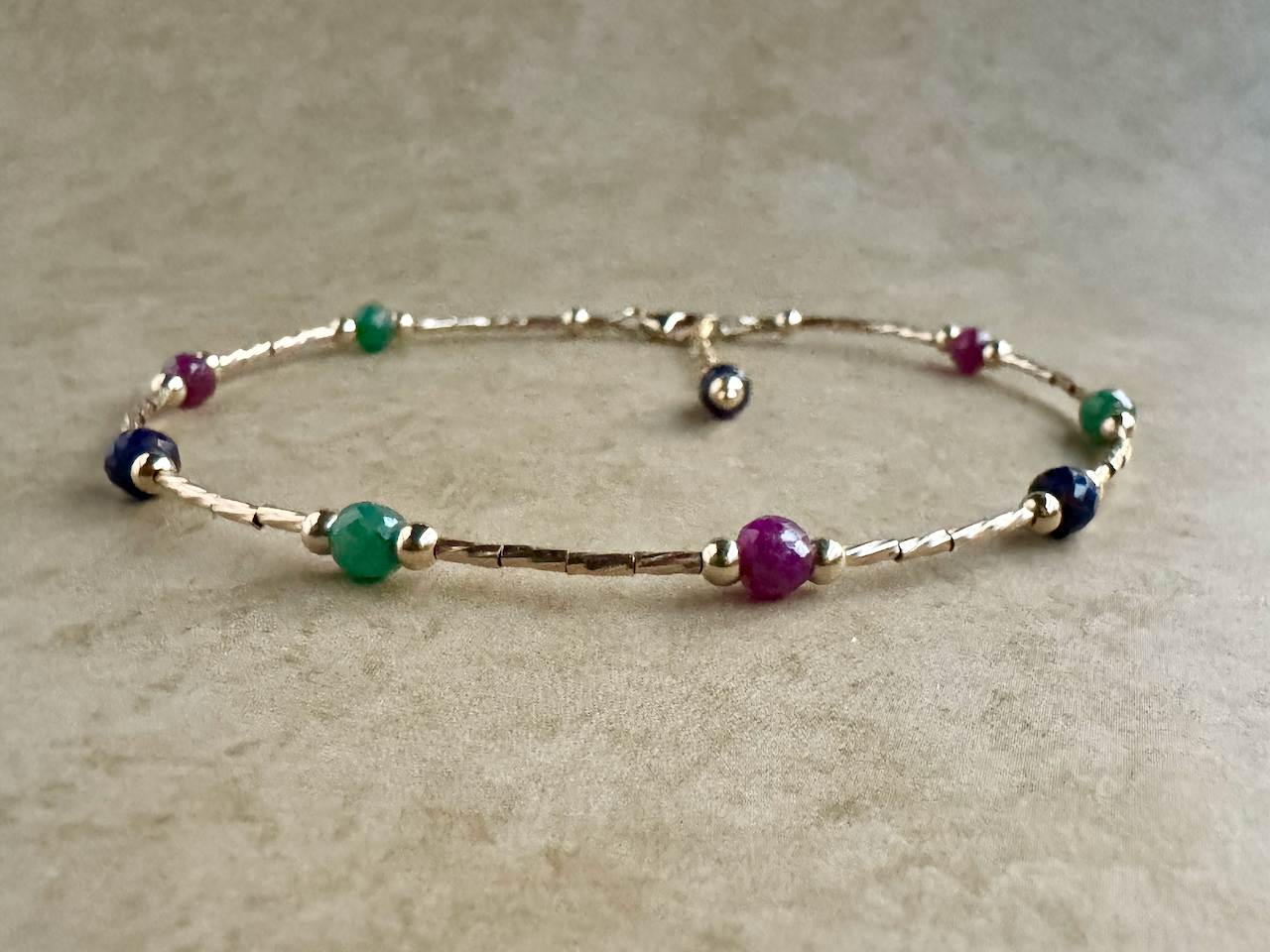 Gold-Filled Emerald, Ruby and Sapphire Beaded Anklet