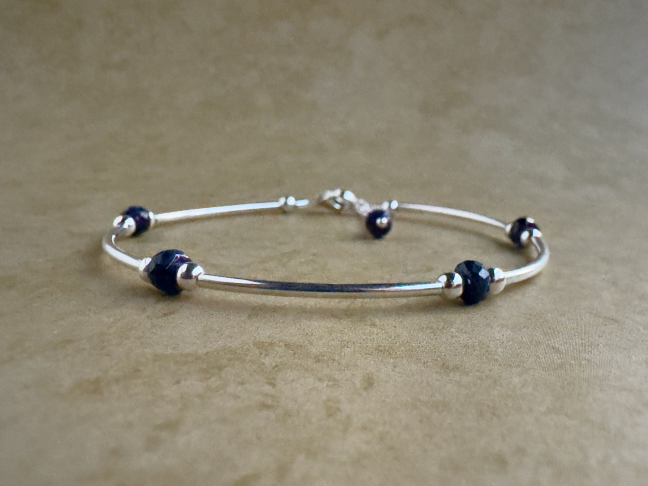 Sterling Silver Beaded Blue Sapphire Tube Bracelet