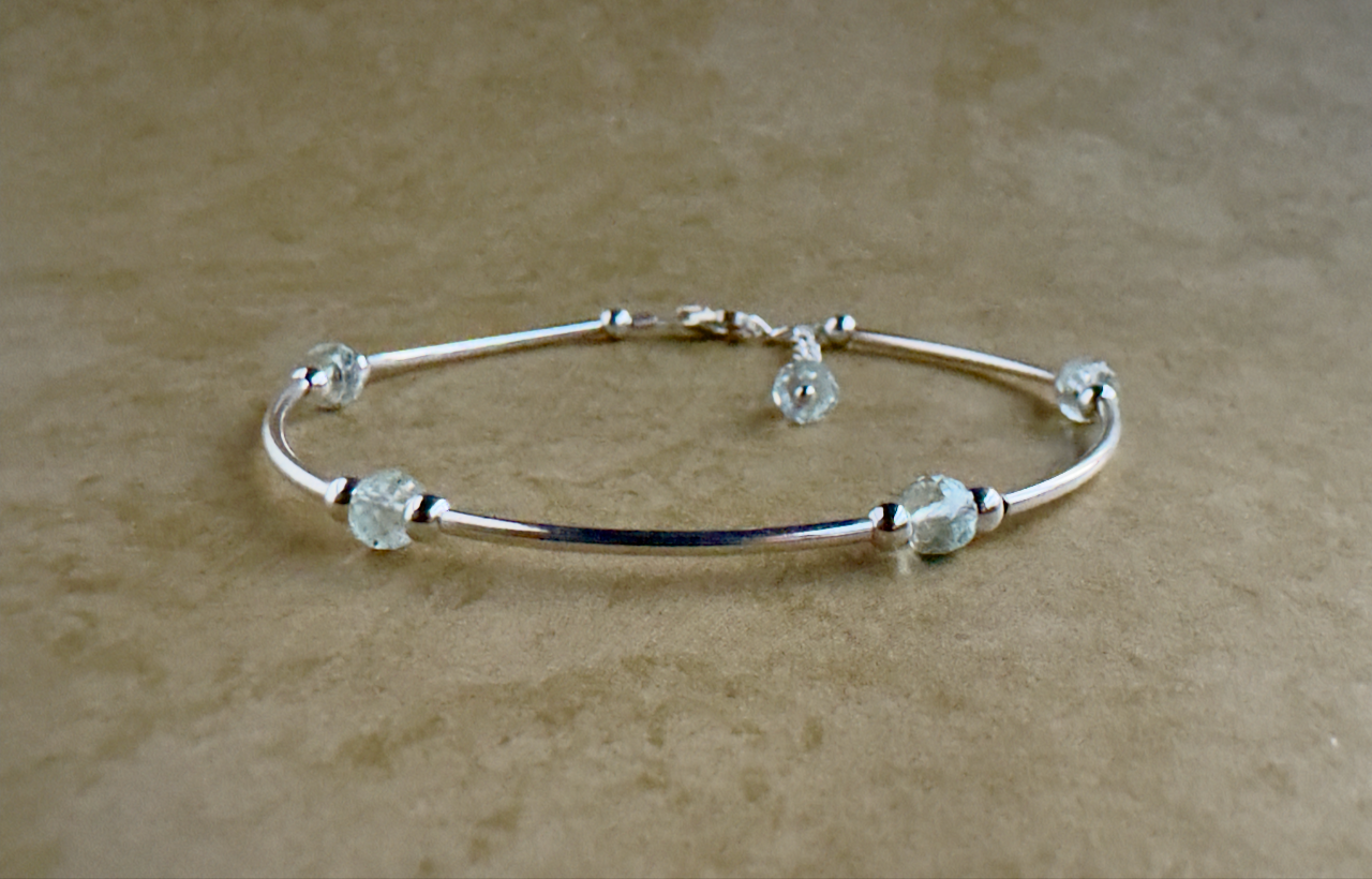 Sterling Silver Aquamarine Beaded Tube Bracelet