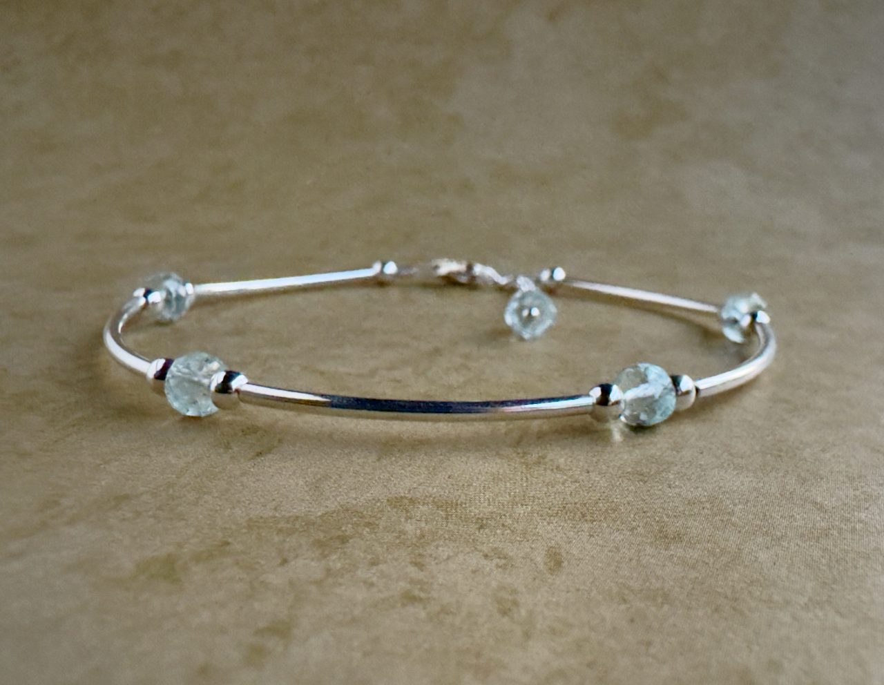Sterling Silver Aquamarine Beaded Tube Bracelet
