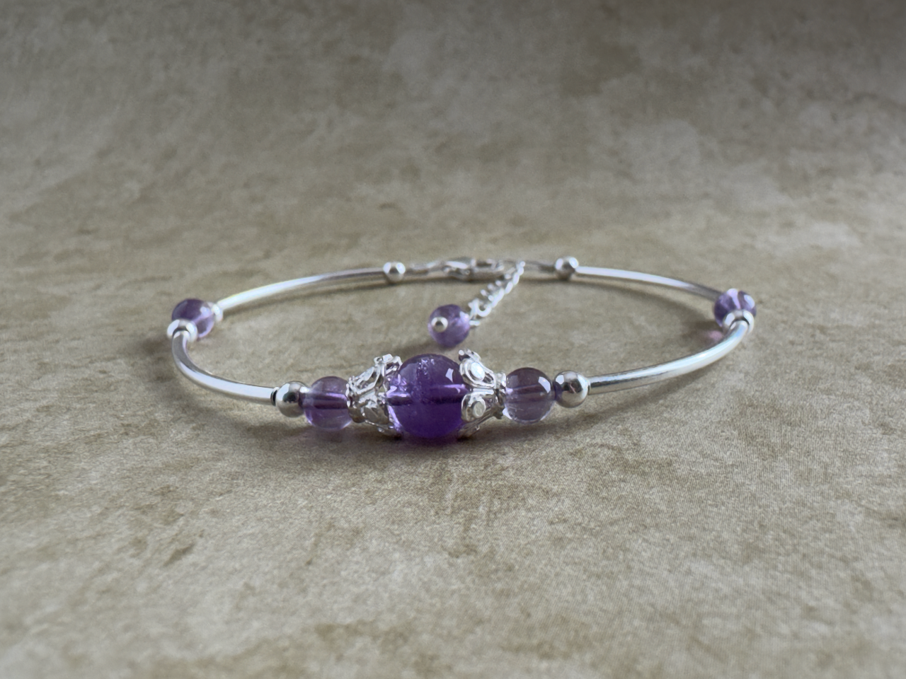 Sterling Silver Amethyst Beaded Tube Fancy Bracelet